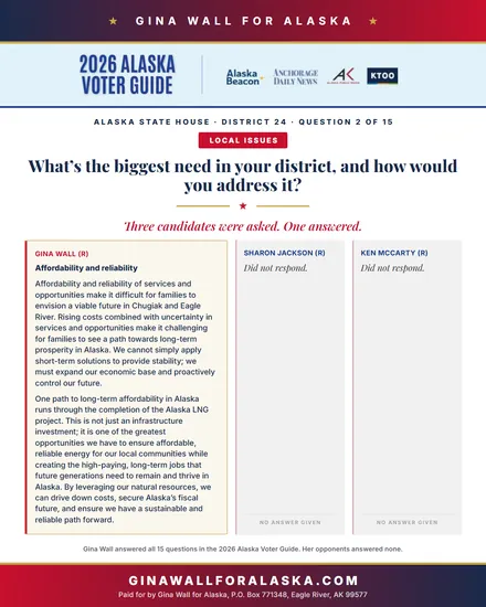 Question 2 of 15, Local issues: Gina Wall’s answer in the 2026 Alaska Voter Guide