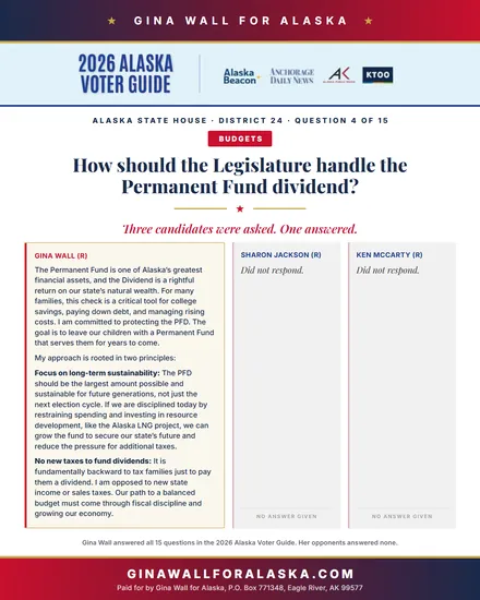 Question 4 of 15, Budgets: Gina Wall’s answer in the 2026 Alaska Voter Guide