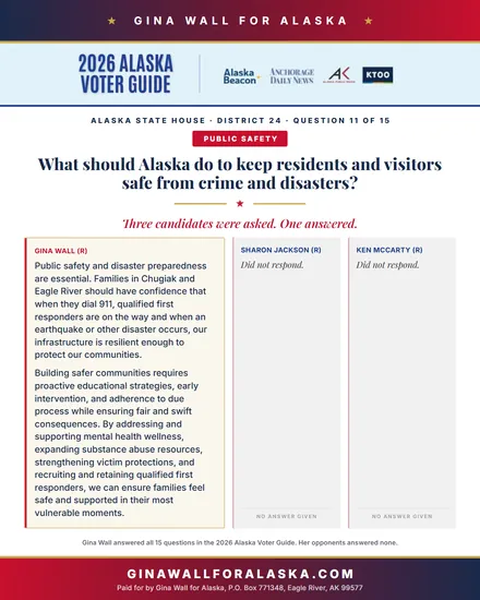 Question 11 of 15, Public safety: Gina Wall’s answer in the 2026 Alaska Voter Guide